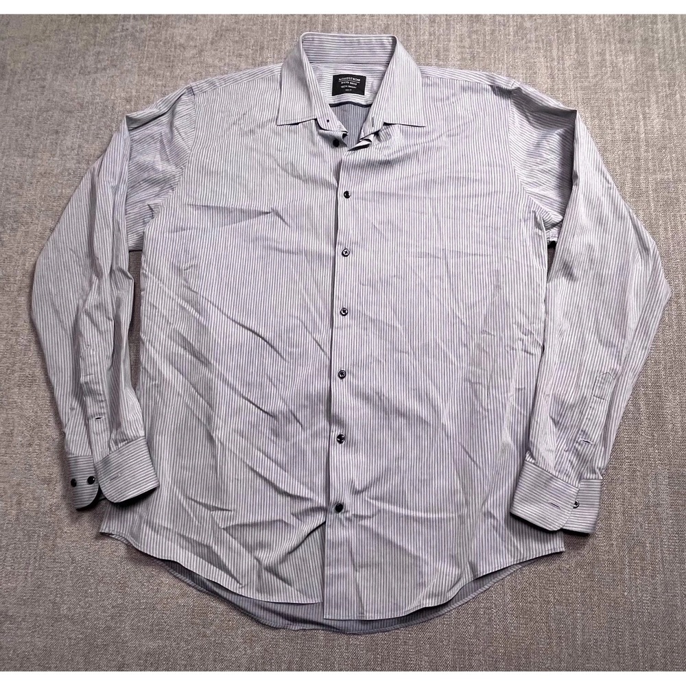 Nordstrom Tech Smart Trim Fit Dress Shirt Mens Gray Striped Business L